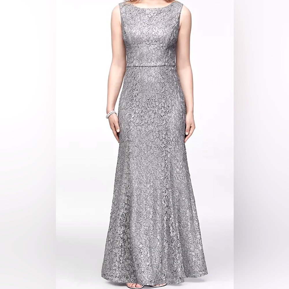 Ignite Evenings Glitter Lace Maxi Evening  Gown Dress Women 6 Silver Gray